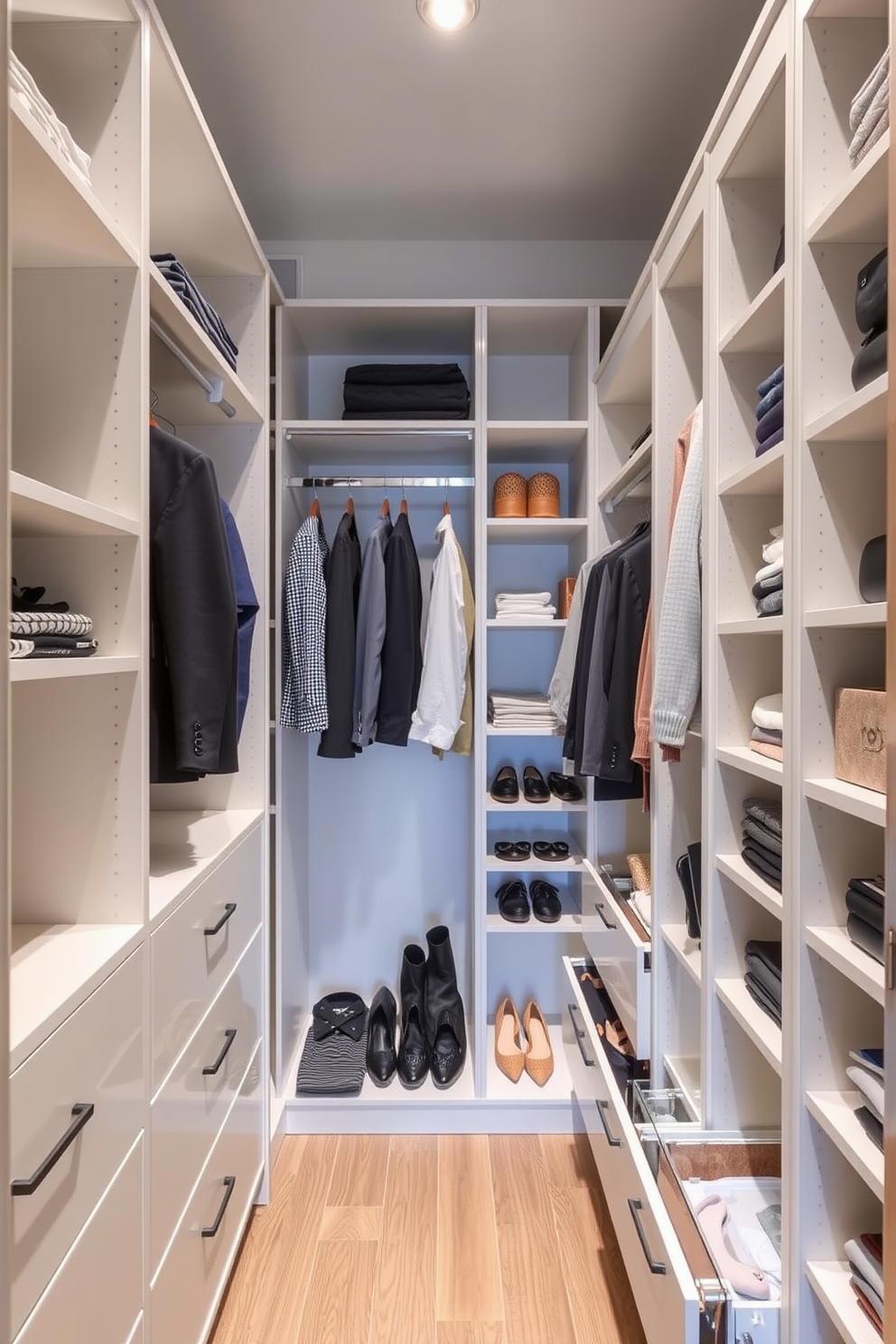 A modern townhouse walk-in closet features vertical storage solutions that maximize space and enhance organization. The design includes tall shelving units, hanging rods at varying heights, and integrated drawers to accommodate different clothing types and accessories.