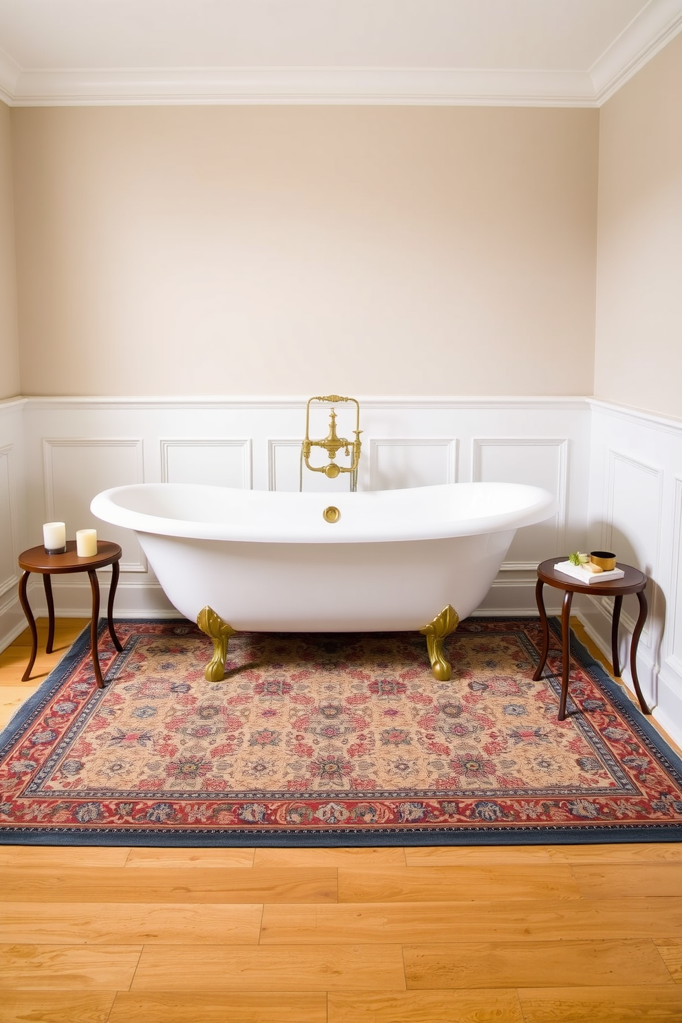 A freestanding clawfoot bathtub is the stunning centerpiece of this traditional bathroom. It is elegantly positioned on a patterned area rug, surrounded by classic wainscoting and soft, neutral wall colors. Antique brass fixtures complement the vintage charm of the bathtub, adding a touch of luxury. Flanking the bathtub are small wooden side tables adorned with candles and decorative items, enhancing the cozy atmosphere.