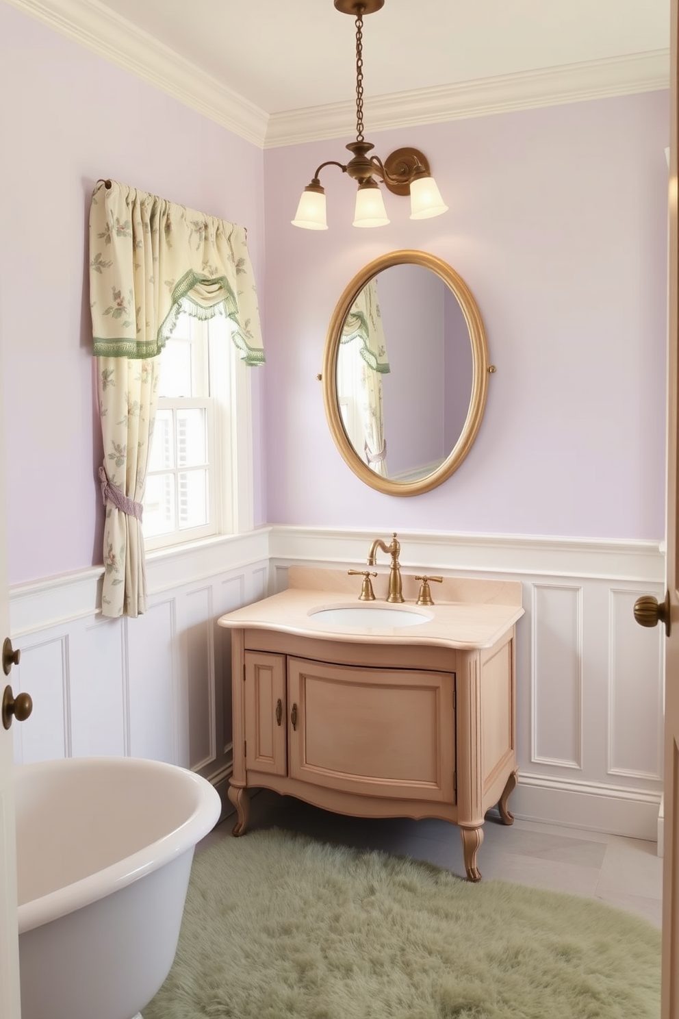 A traditional bathroom setting featuring elegant sconces on either side of a large mirror. The sconces emit a warm glow, enhancing the classic charm of the space with ornate detailing and a polished finish. The bathroom showcases a freestanding soaking tub with claw feet, positioned beneath a large window draped with sheer curtains. Rich wooden cabinetry complements the intricate tile work on the floor, creating a harmonious blend of comfort and sophistication.