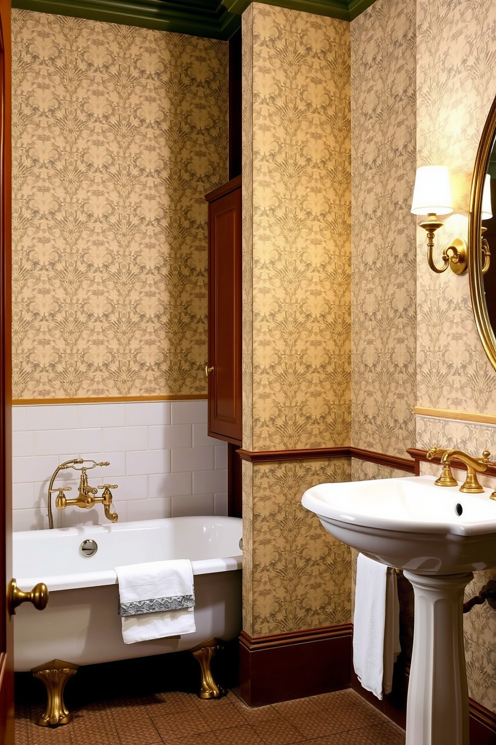 A traditional bathroom design features elegant patterned wallpaper that adds a touch of charm to the space. The room includes a freestanding clawfoot tub, complemented by vintage brass fixtures and a classic pedestal sink. Rich wooden cabinetry provides ample storage while maintaining the traditional aesthetic. Soft lighting from sconces enhances the warm tones of the wallpaper, creating a cozy and inviting atmosphere.