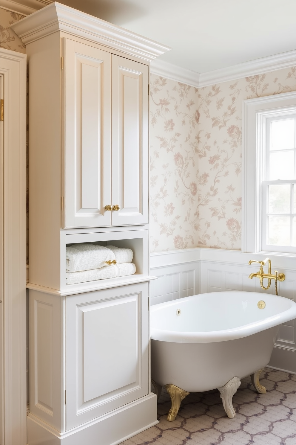 A built-in linen cabinet seamlessly integrates into the wall, providing ample storage for towels and toiletries. The cabinet features classic paneling with a soft white finish, complementing the overall traditional aesthetic of the bathroom. The bathroom showcases a vintage clawfoot tub positioned against a window, allowing natural light to flood the space. Elegant fixtures in polished brass add a touch of sophistication, while the walls are adorned with delicate floral wallpaper in muted tones.