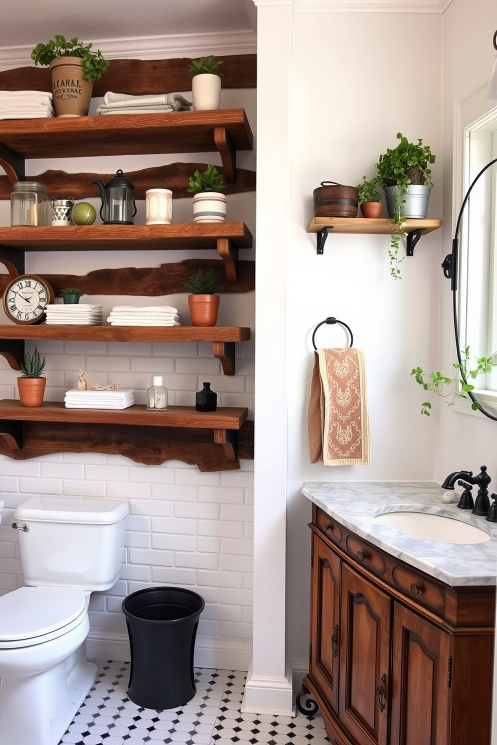 Rustic wooden shelves are mounted on the wall, showcasing a curated collection of decorative items and plants. The shelves are crafted from reclaimed wood, adding warmth and character to the space. The bathroom features a traditional design with classic white subway tiles and a freestanding clawfoot tub. An antique wooden vanity with a marble sink complements the rustic shelves, creating a harmonious blend of styles.