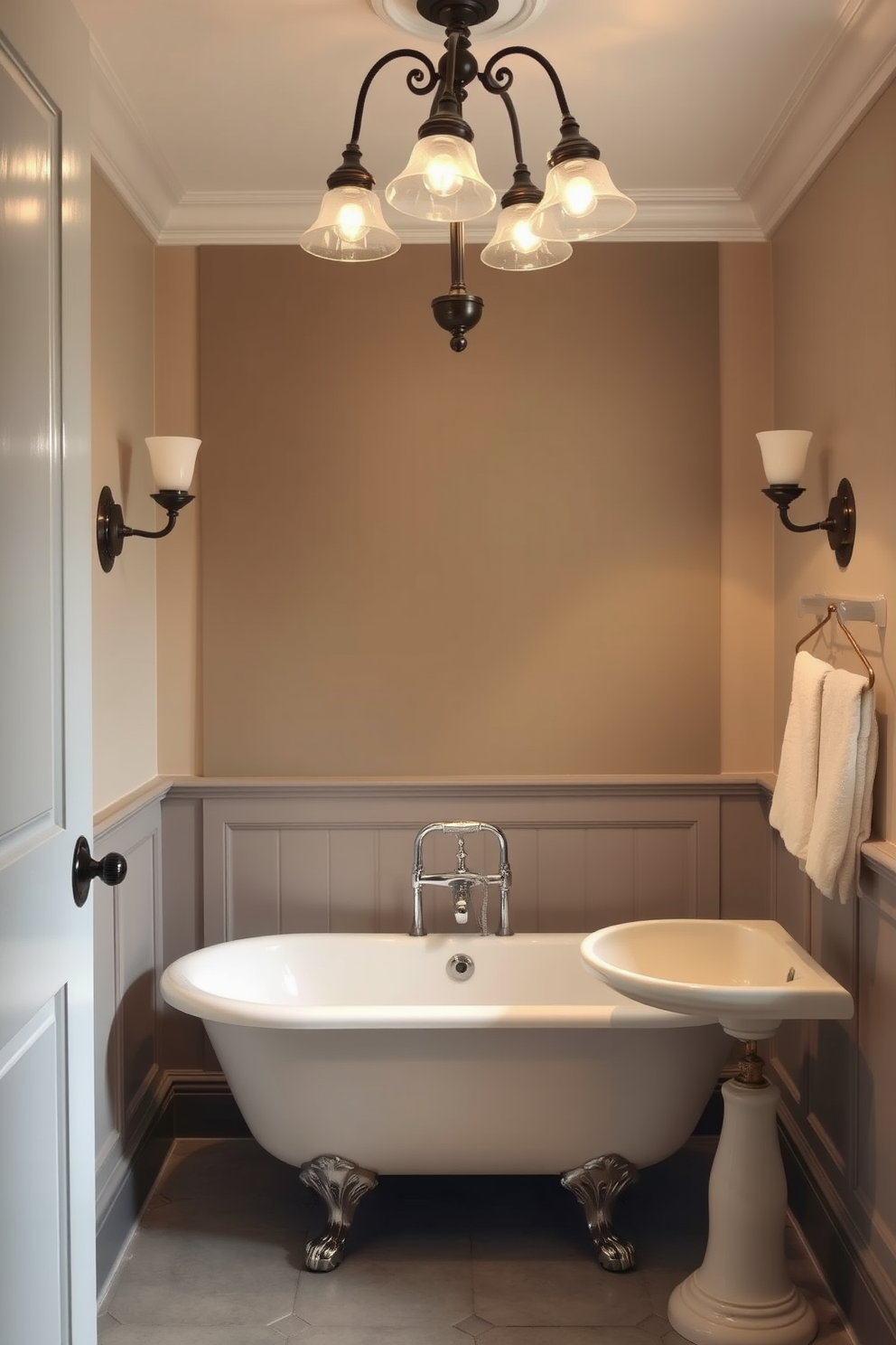 A traditional bathroom design featuring antique rugs that add character to the space. The room is adorned with vintage fixtures, a freestanding bathtub, and ornate cabinetry that complements the rich textures of the rugs.