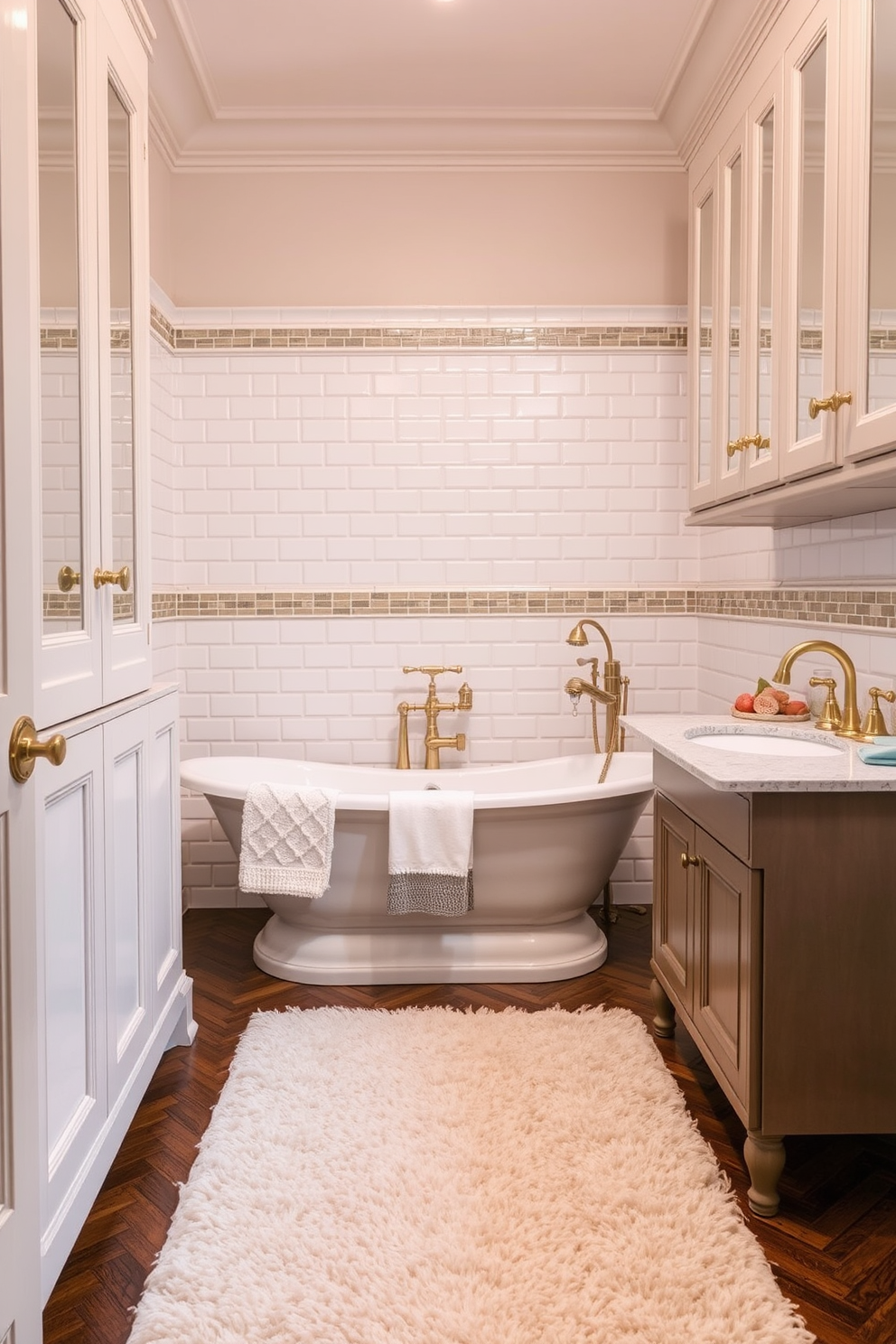 A cozy traditional bathroom features a plush area rug placed in front of a freestanding soaking tub. The rug adds warmth and texture, complementing the elegant fixtures and classic tile work. The space is adorned with vintage-inspired cabinetry and polished brass hardware. Soft lighting illuminates the room, enhancing the inviting atmosphere created by the area rug.