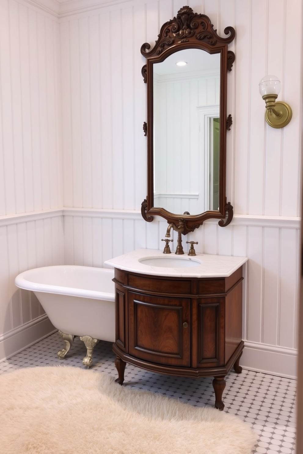 A classic white beadboard paneling lines the walls of a traditional bathroom, creating a timeless and elegant atmosphere. The space features a freestanding clawfoot bathtub with a vintage-style faucet, complemented by a soft, fluffy area rug in front. A wooden vanity with a polished marble top holds a porcelain sink, adorned with antique brass fixtures. Above the vanity, a large ornate mirror reflects the warm glow of sconces on either side, enhancing the inviting ambiance of the room.