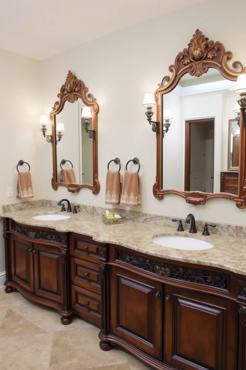 A traditional bathroom design featuring a spacious double vanity with ornate wooden cabinetry and a polished granite countertop. Above the vanity, two vintage-style mirrors with intricate detailing reflect the warm light from elegant wall sconces.