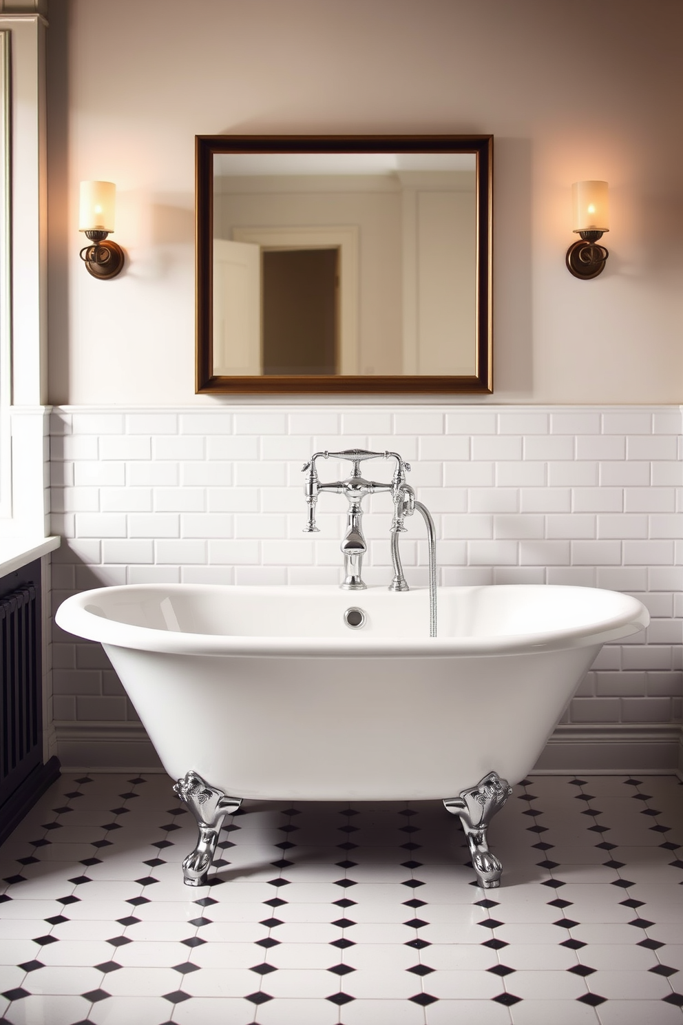 A traditional bathroom design featuring timeless white porcelain fixtures. The space includes a classic clawfoot bathtub and a pedestal sink, complemented by vintage brass fixtures.