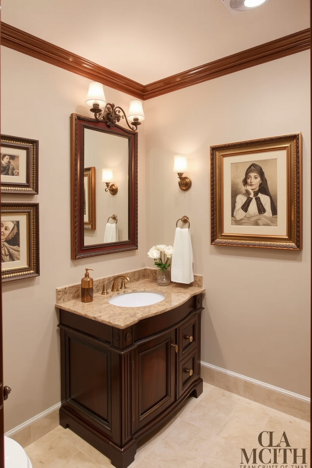 A traditional bathroom featuring elegant framed artwork that enhances the overall decor. The walls are adorned with classic prints in ornate frames, adding a touch of sophistication to the space. The vanity is made of rich mahogany with a polished granite countertop. Soft lighting fixtures complement the warm tones of the wood, creating an inviting atmosphere.