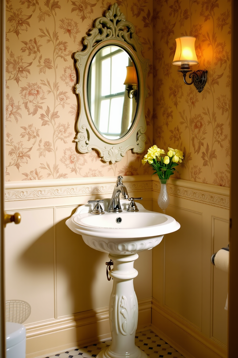 Elegant wainscoting lines the lower half of the walls, painted in a soft white to enhance the room's brightness. The upper walls are adorned with a subtle wallpaper pattern that complements the classic aesthetic. A freestanding soaking tub sits gracefully in the corner, surrounded by vintage-style fixtures in polished chrome. Natural light filters through a large window dressed with sheer curtains, illuminating the space with a warm glow.