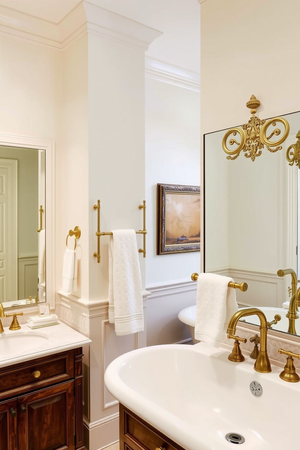 A traditional bathroom features ornate towel racks that blend functionality with elegance. The racks are crafted from polished brass, adorned with intricate detailing, and positioned strategically near the sinks for easy access. The overall design incorporates classic elements such as a freestanding soaking tub and vintage-style fixtures. Soft, neutral colors on the walls complement the rich textures of the cabinetry and the ornate towel racks.