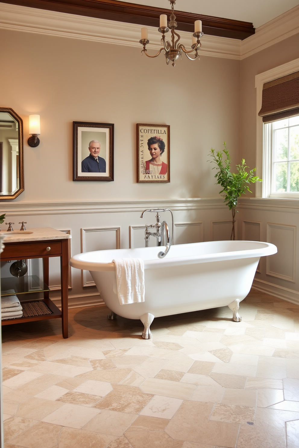 A traditional bathroom design featuring natural stone flooring that enhances durability. The space is adorned with classic fixtures and a freestanding soaking tub, complemented by elegant wainscoting on the walls.