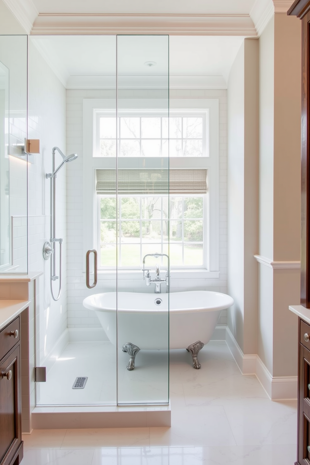 A traditional bathroom design featuring a glass shower enclosure that enhances the spacious feel of the room. The shower is framed with elegant chrome fixtures and surrounded by classic white subway tiles. The bathtub is a freestanding model with claw feet, positioned beneath a large window that allows natural light to flood the space. Soft, neutral colors adorn the walls, complemented by rich wooden accents in the cabinetry.