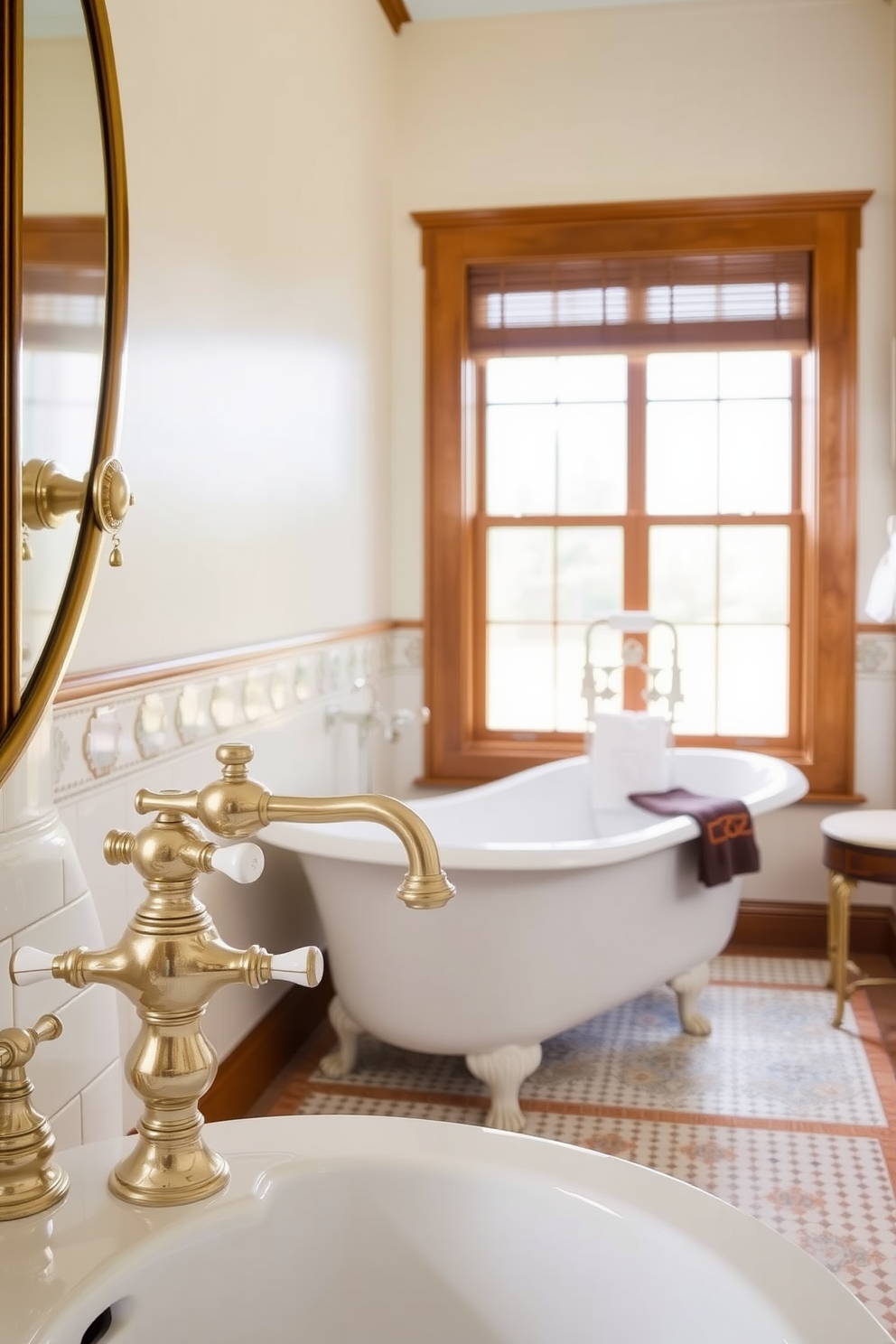 A traditional bathroom design featuring hexagonal floor tiles that add classic appeal. The walls are adorned with white subway tiles, and a freestanding clawfoot tub is centered in the room. The vanity is made of rich mahogany with a polished marble top, complemented by vintage brass fixtures. Soft, ambient lighting from a chandelier casts a warm glow, enhancing the timeless elegance of the space.