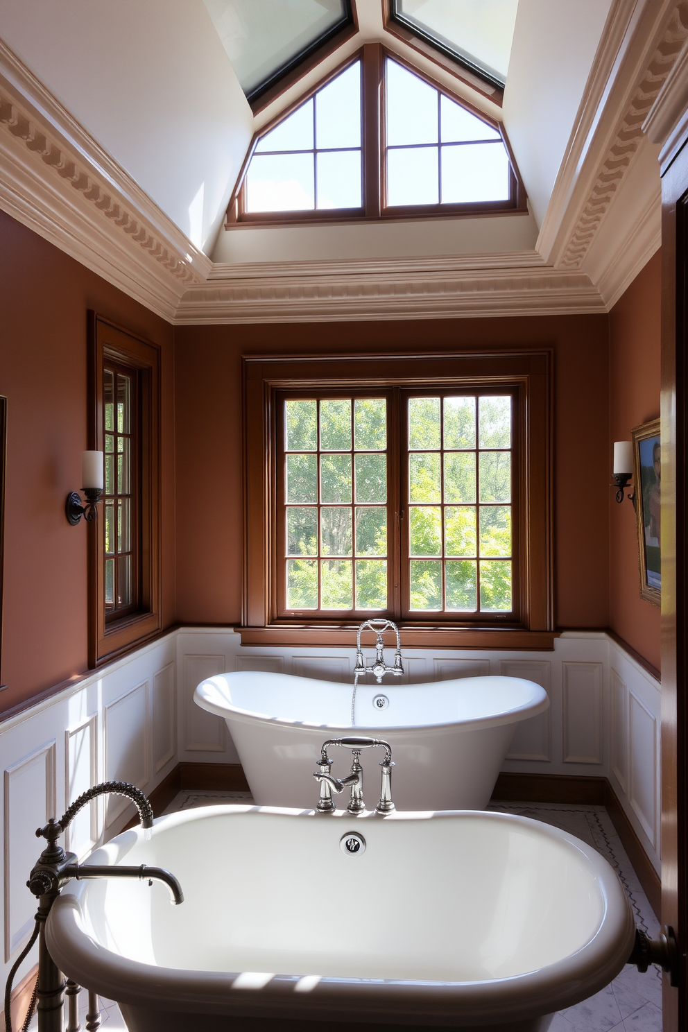 A serene bathroom space featuring a freestanding soaking tub positioned beneath a large window that allows natural light to flood the room. The walls are adorned with soft beige tiles and the floor is covered in warm wood planks, creating a harmonious blend of textures. A classic wooden vanity with a white marble top holds a pair of elegant vessel sinks. Above the vanity, a vintage-style mirror with intricate detailing reflects the tranquil ambiance, while fresh greenery in a simple pot adds a touch of nature to the setting.