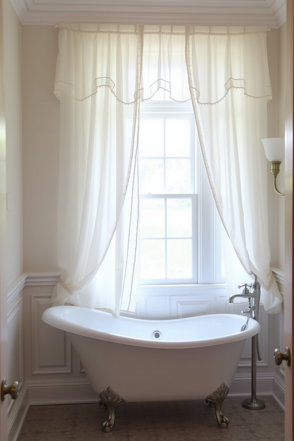 Charming window treatments for privacy. Delicate sheer curtains frame the window, allowing soft natural light to filter in while maintaining a sense of intimacy. Traditional bathroom design ideas. The space features a classic clawfoot bathtub, complemented by vintage-style fixtures and elegant wainscoting that adds timeless character.