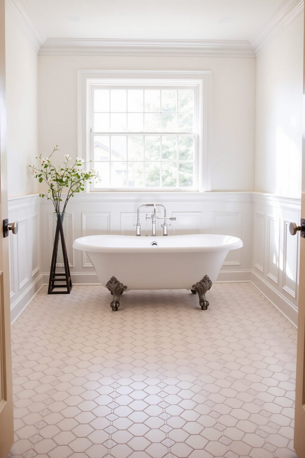 A traditional bathroom setting featuring elegant brass accessories. The space includes a vintage clawfoot bathtub with a polished brass faucet and matching towel bars. The walls are adorned with classic white wainscoting, and the floor is covered with intricate black and white tiles. A decorative brass-framed mirror hangs above a wooden vanity with a marble top, complemented by brass drawer pulls.