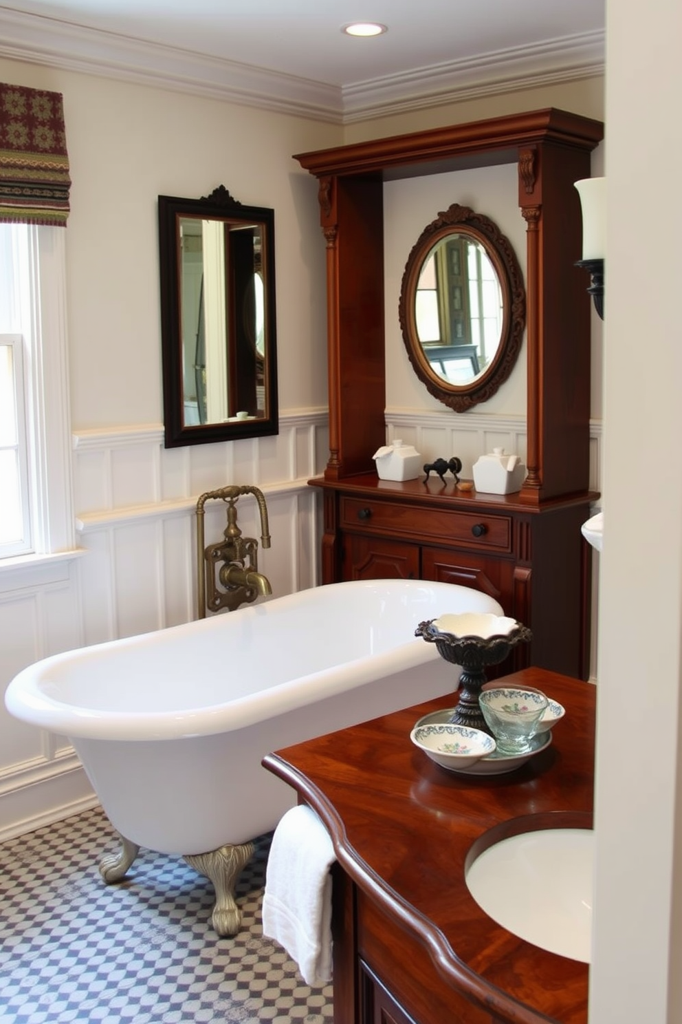 A traditional bathroom design featuring elegant decorative soap dishes and holders. The space includes a classic clawfoot bathtub surrounded by intricate tile work and vintage fixtures. The walls are adorned with wainscoting painted in a soft cream color, complemented by a rich wooden vanity. Decorative soap dishes in ceramic and glass styles are placed strategically on the vanity and bathtub ledge for added charm.