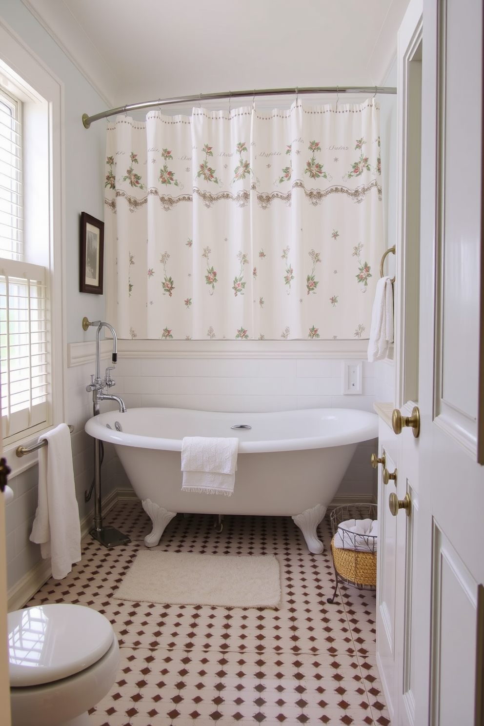 A vintage style shower curtain adds a charming flair to the traditional bathroom design. The space features classic fixtures, a clawfoot tub, and elegant tile work that enhances the timeless appeal.