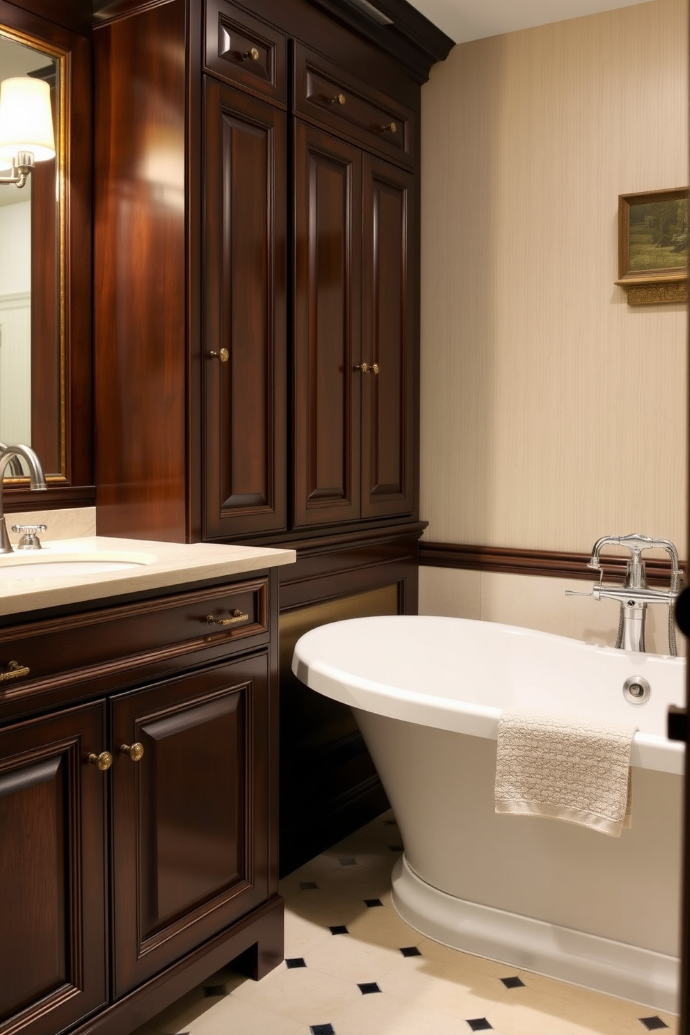 A traditional bathroom featuring dark wood cabinetry with elegant hardware. The cabinetry is complemented by a classic white porcelain sink and a polished chrome faucet. Soft ambient lighting illuminates the space, highlighting the intricate details of the woodwork. A freestanding soaking tub rests against a wall adorned with subtle patterned wallpaper.