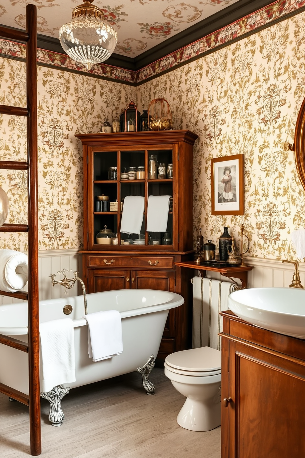 A traditional bathroom design featuring antique accessories that add a personal touch. The space includes a freestanding clawfoot bathtub adorned with vintage brass fixtures and a charming wooden ladder displaying fluffy towels. On the walls, intricate wallpaper with floral patterns creates a warm ambiance. A wooden cabinet with glass doors showcases an array of antique jars and decorative items, enhancing the overall vintage feel of the room.