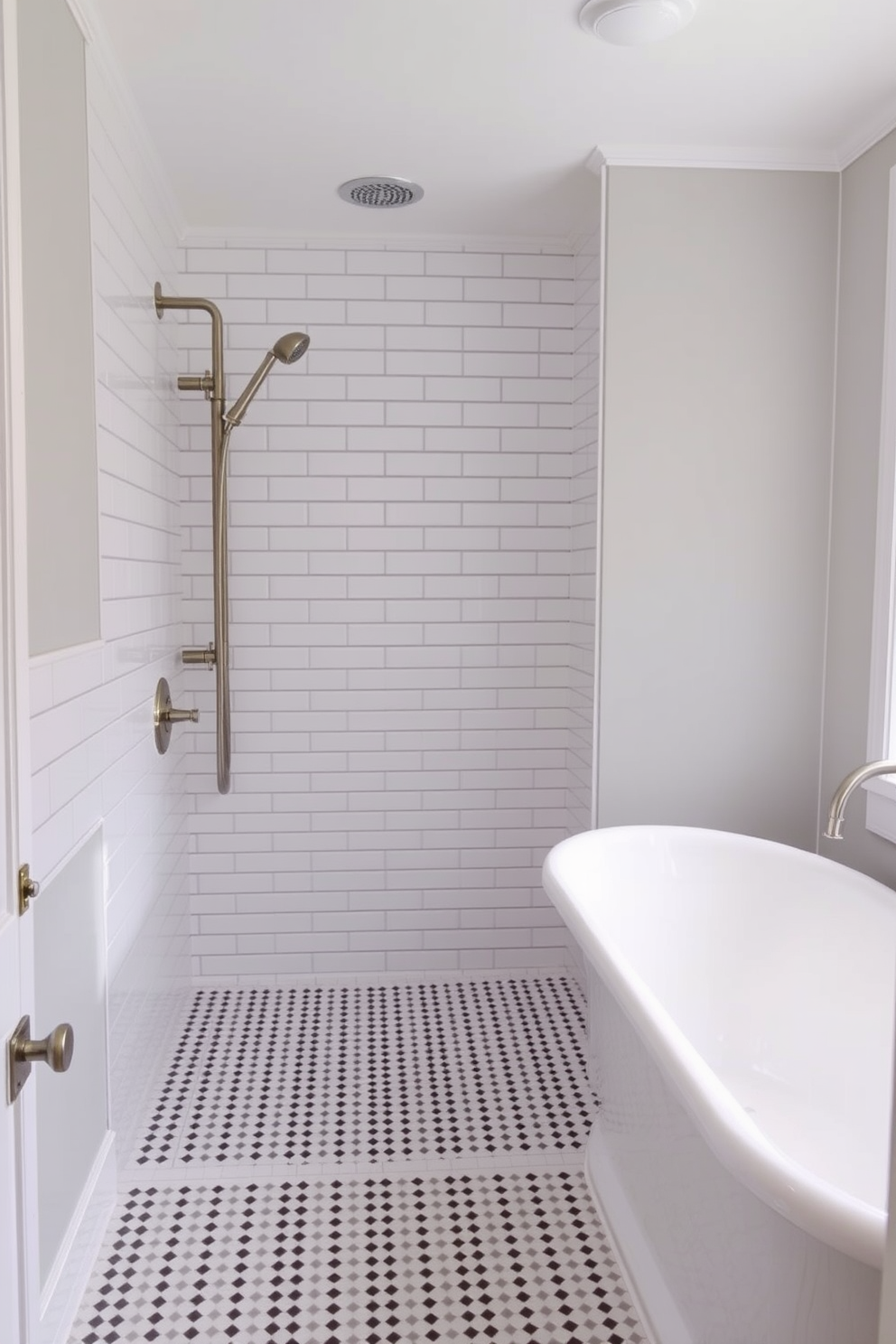 A traditional bathroom design featuring a soft pastel color palette that exudes serenity. The walls are painted in a gentle blush pink, complemented by white wainscoting and vintage-inspired fixtures. The freestanding bathtub is adorned with a classic faucet, and a delicate lace curtain frames the window. A rustic wooden stool beside the tub holds neatly rolled towels, adding a touch of warmth to the space.