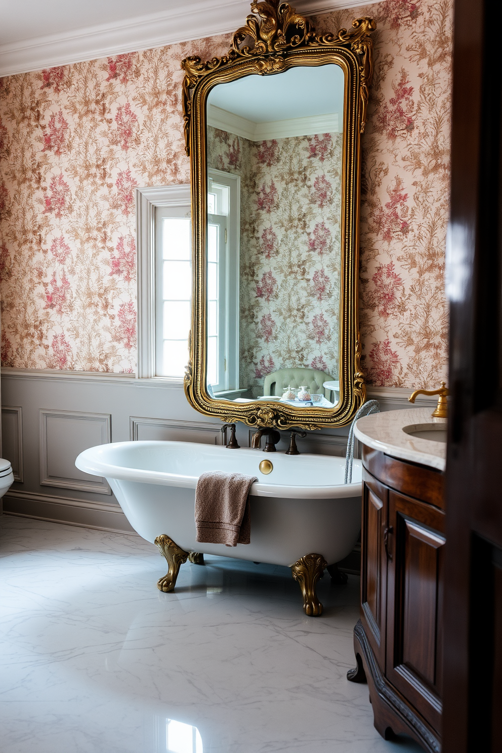 Antique mirror with ornate frame reflecting soft light in a traditional bathroom setting. The walls are adorned with classic wallpaper featuring floral patterns, and the floor is covered in elegant marble tiles. A vintage clawfoot bathtub sits gracefully under a window, flanked by plush towels in muted tones. Polished brass fixtures add a touch of luxury, complementing the warm wood cabinetry.