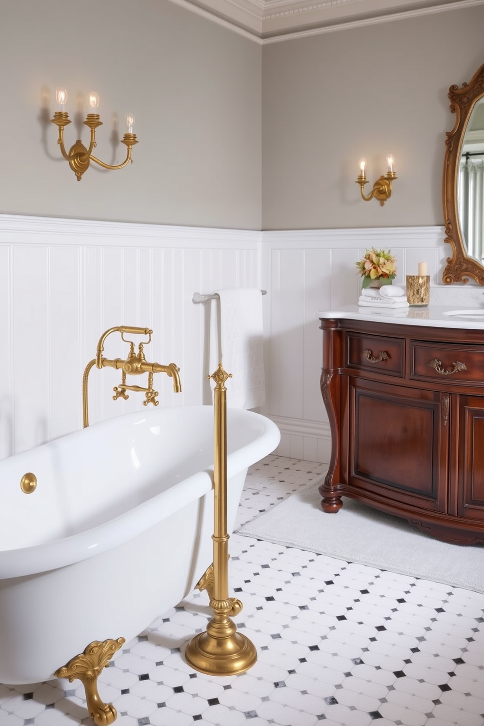 A traditional bathroom design featuring brass fixtures that exude timeless appeal. The space includes a freestanding clawfoot bathtub, complemented by an ornate floor-mounted faucet in a polished brass finish. The vanity is crafted from rich mahogany with intricate detailing, topped with a classic white marble surface. Soft lighting is provided by sconces with vintage-style bulbs, casting a warm glow across the room.