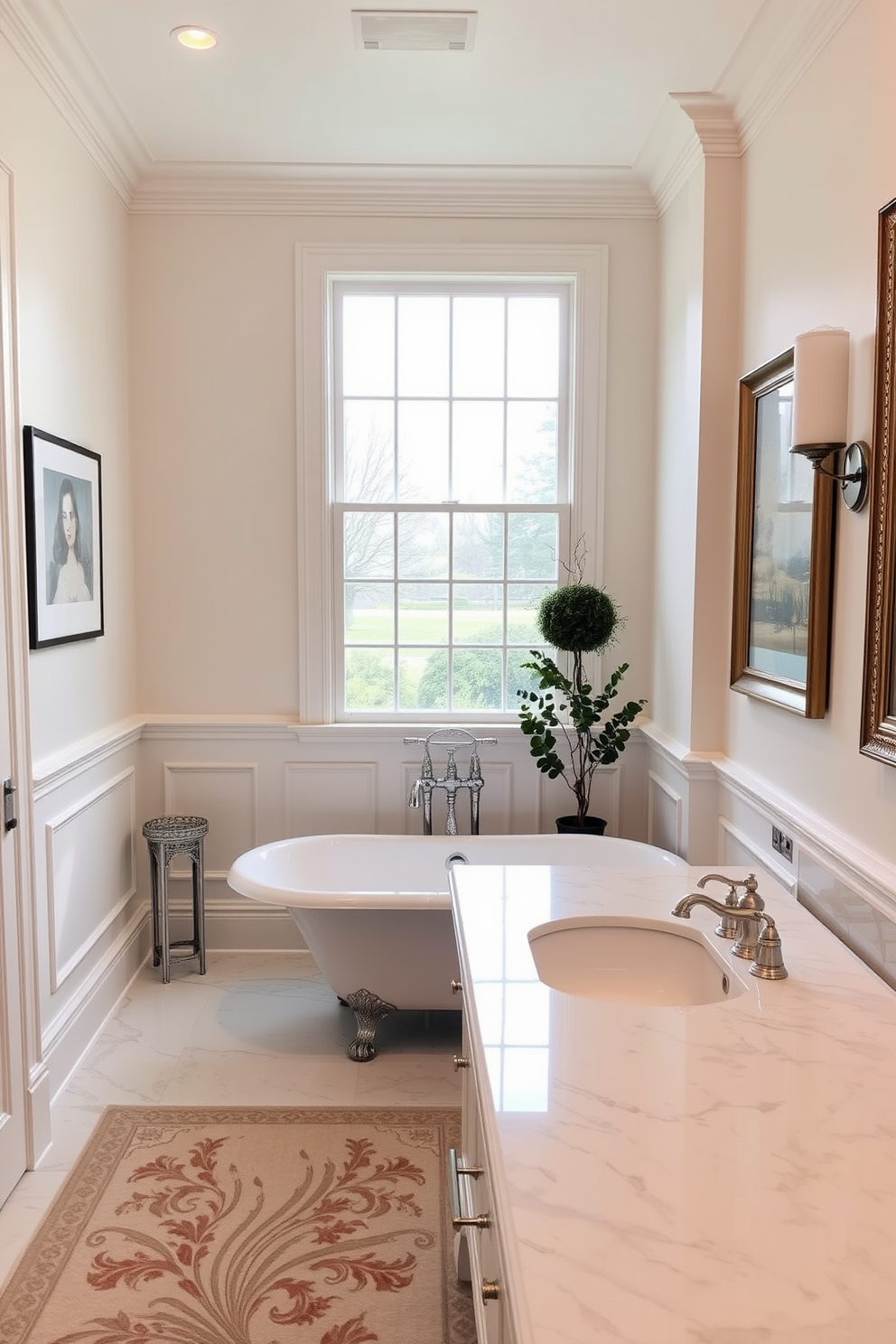 Rich wood cabinetry for warmth. The space features a freestanding tub with elegant fixtures and a large window that invites natural light. Classic white subway tiles adorn the walls, providing a timeless backdrop. A vintage-style rug adds a touch of comfort and color to the wooden floor.