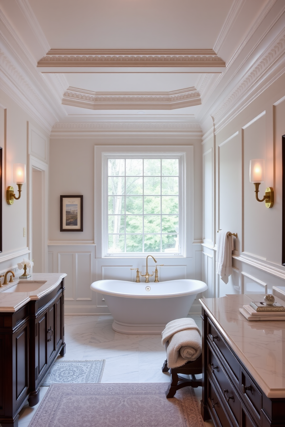 A traditional bathroom design featuring intricate crown molding that adds an elegant touch to the overall aesthetic. The space includes a freestanding soaking tub surrounded by classic white wainscoting and a large window that allows natural light to fill the room. The vanity is crafted from dark wood with a polished marble countertop, complemented by antique brass fixtures. Soft, neutral tones dominate the color palette, creating a serene atmosphere enhanced by plush towels and decorative accents.