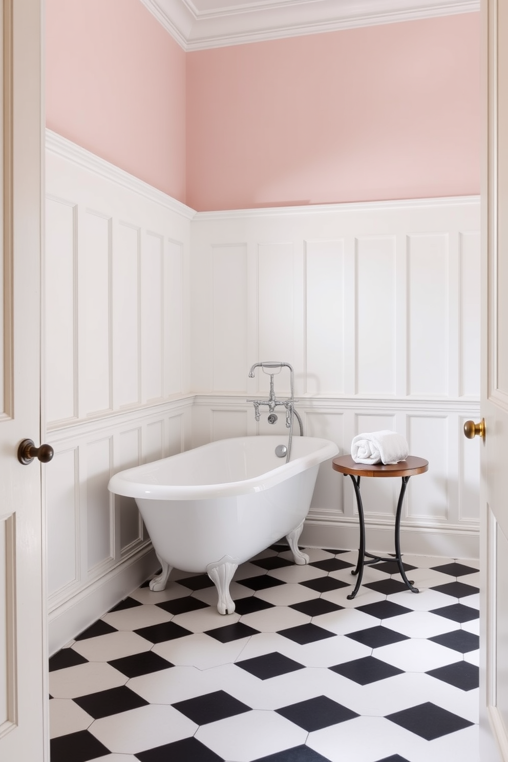 A traditional bathroom design featuring elegant wainscoting that adds a touch of classic charm. The walls are adorned with white paneling, complemented by soft pastel paint above, creating a serene and inviting atmosphere. The floor is covered in classic black and white checkered tiles, enhancing the timeless appeal of the space. A freestanding clawfoot bathtub sits gracefully in the corner, flanked by vintage-style fixtures and a small side table holding neatly rolled towels.