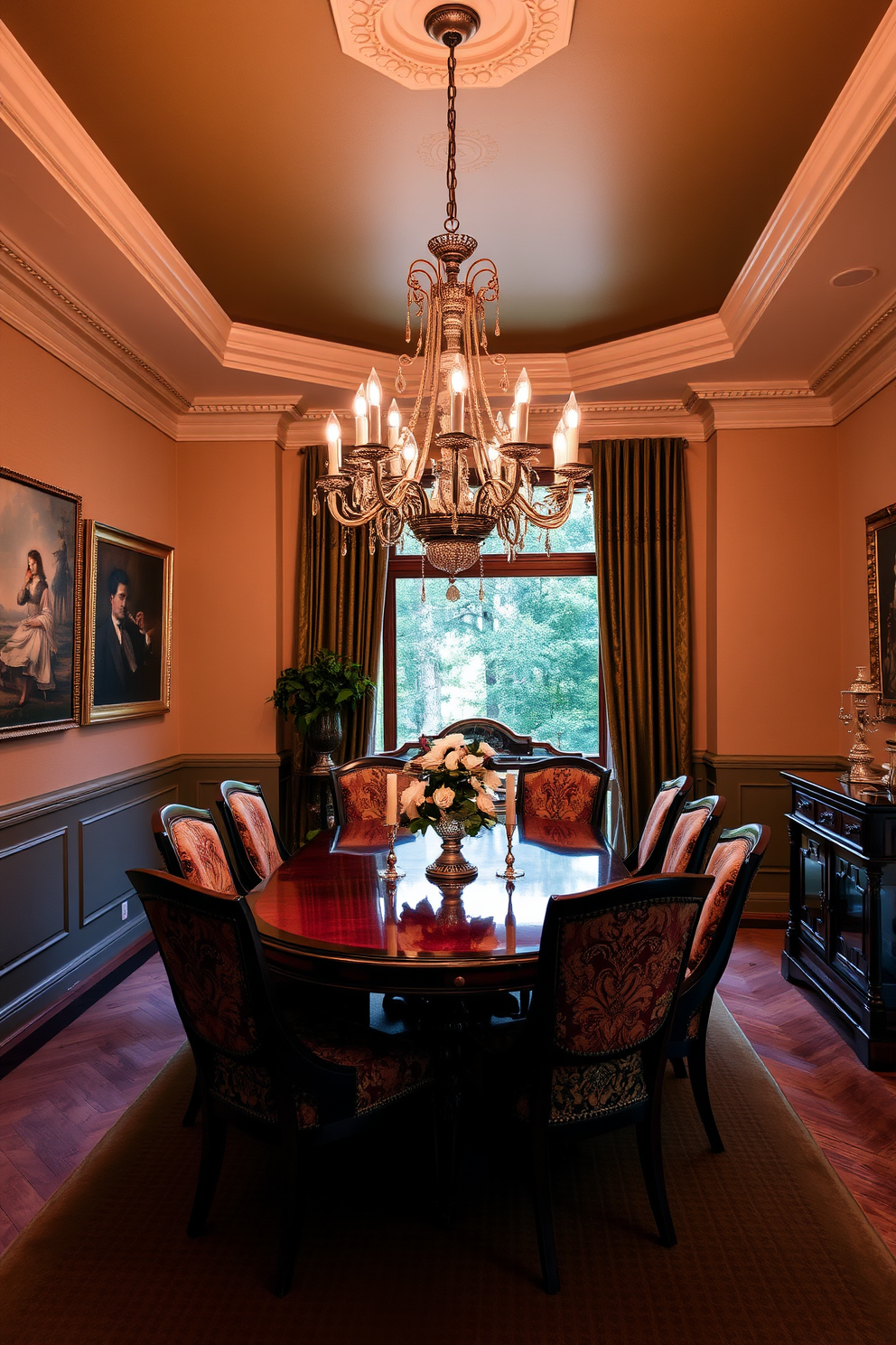 An elegant chandelier with vintage charm hangs gracefully above a polished wooden dining table. Surrounding the table are upholstered chairs in rich fabrics, complementing the warm tones of the room. The walls are adorned with classic wainscoting painted in a soft cream color, enhancing the traditional feel. A large, ornate mirror reflects the chandelier's light, creating an inviting atmosphere for gatherings.