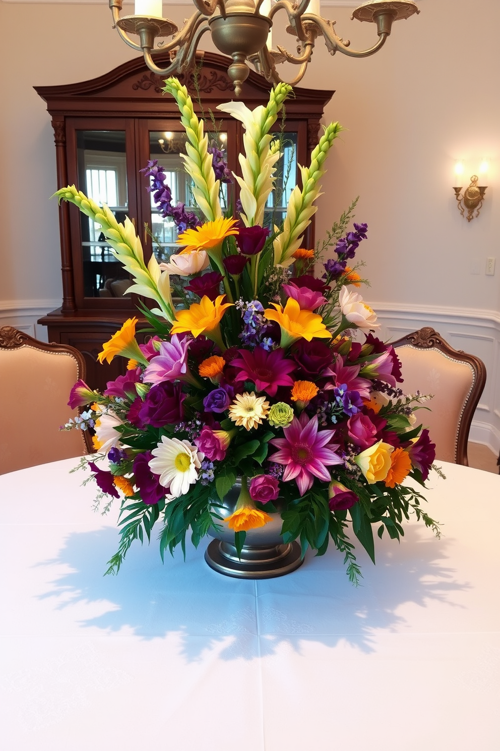 A stunning table centerpiece adorned with an array of fresh flowers in vibrant colors. The dining room features a classic wooden table surrounded by elegant upholstered chairs, complemented by soft ambient lighting.