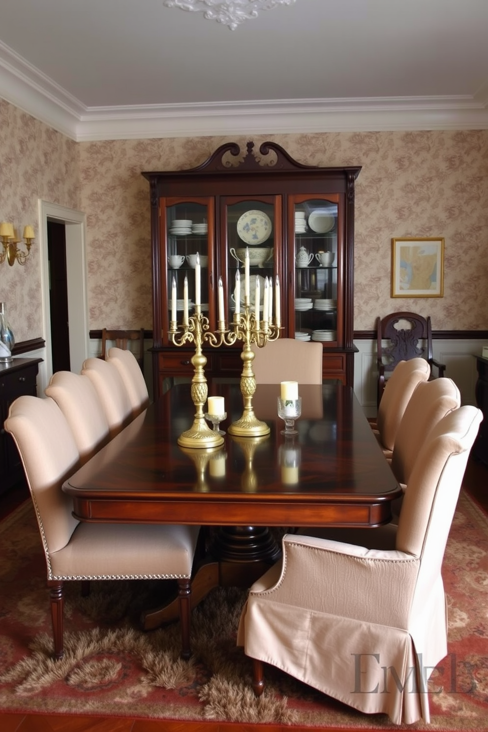 A traditional dining room featuring a large wooden table surrounded by upholstered chairs. Vintage candelabras are placed in the center of the table, casting a warm glow and creating an inviting atmosphere. The walls are adorned with classic wallpaper, and a large china cabinet showcases elegant dishware. A plush area rug lies under the table, adding comfort and style to the space.