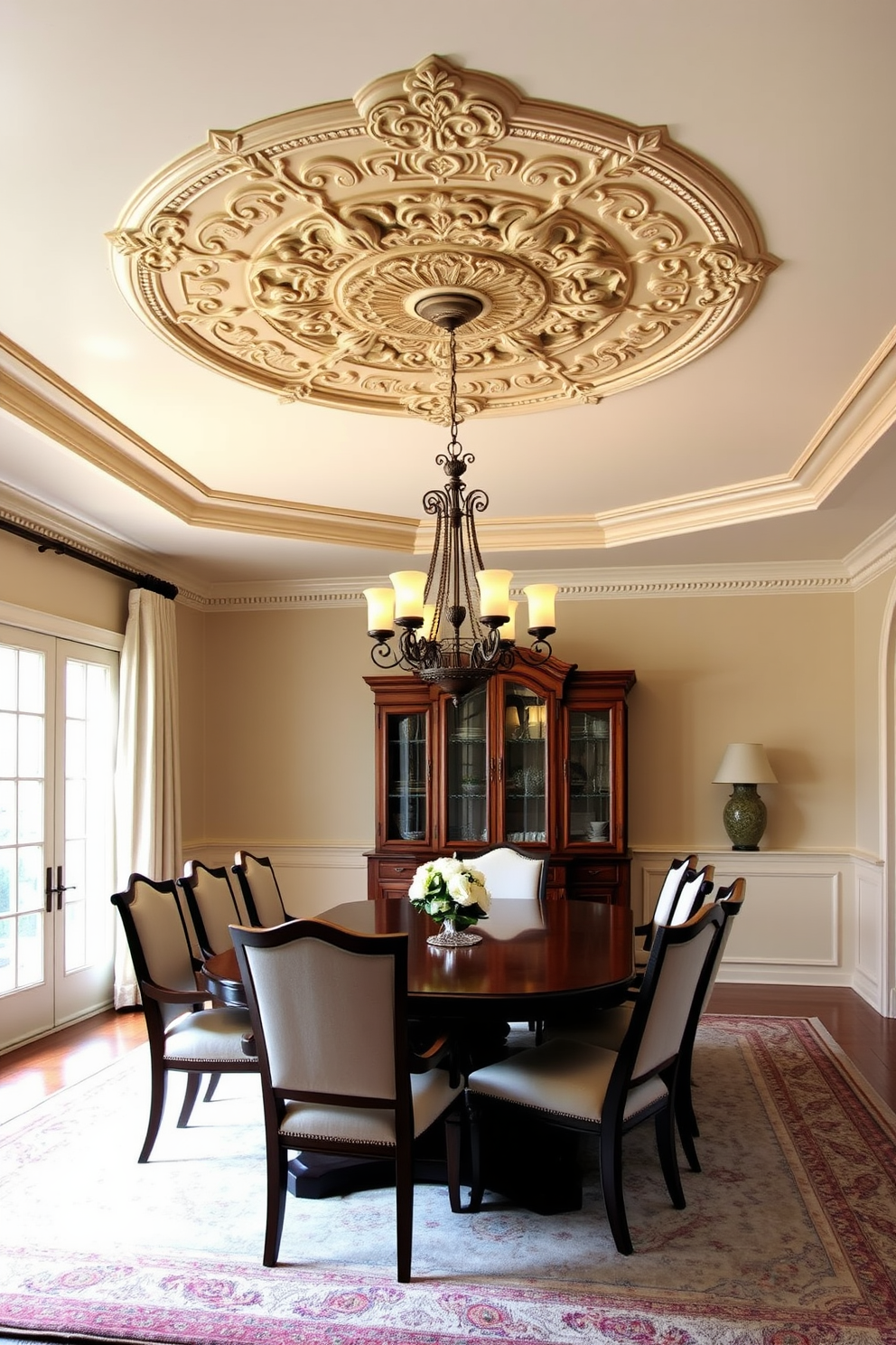 Ornate ceiling medallion adds a touch of elegance to the traditional dining room. The room features a large wooden dining table surrounded by upholstered chairs, with a classic chandelier hanging gracefully above.