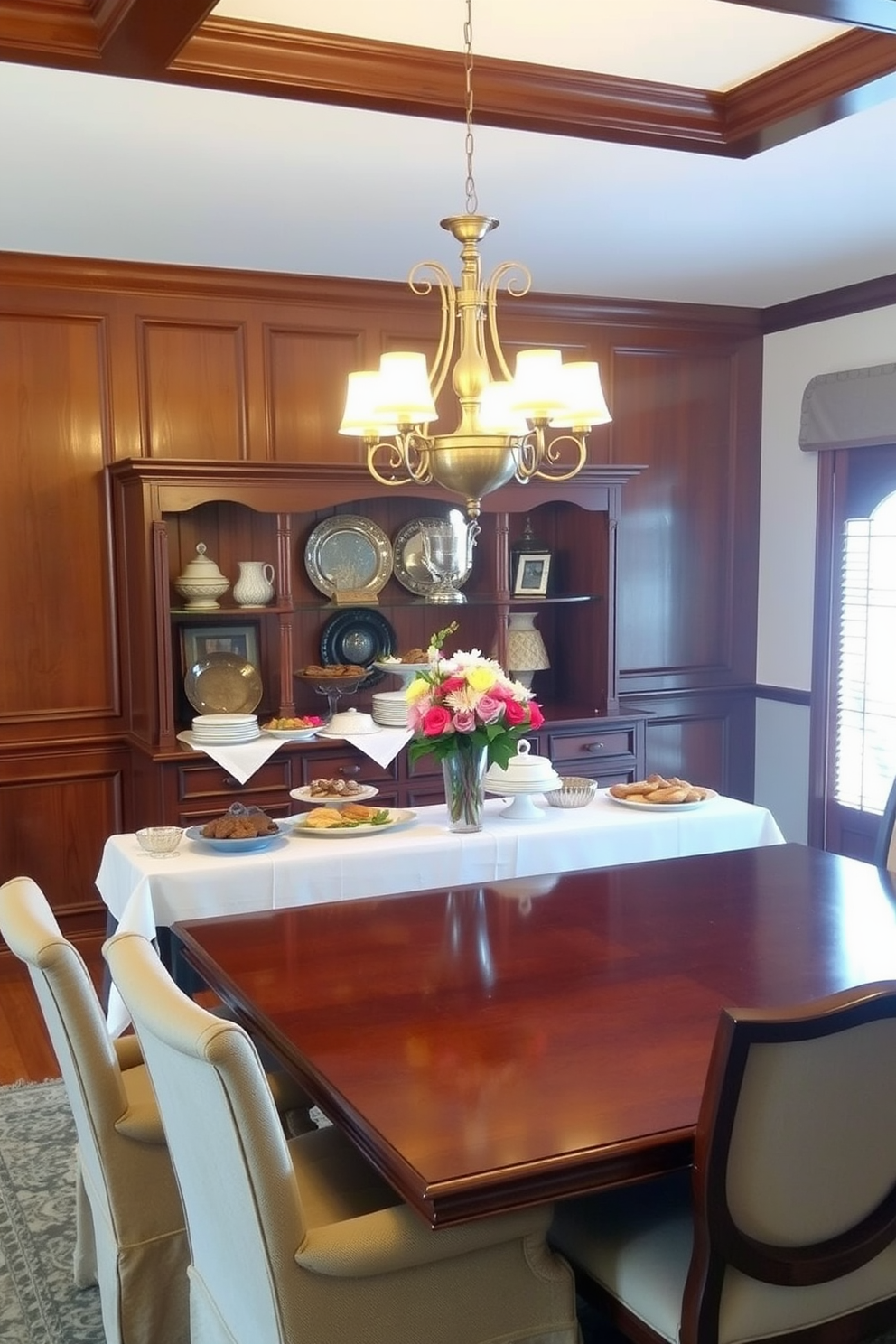 A beautifully arranged buffet table is set against an elegant backdrop of rich wood paneling. The table is adorned with a crisp white tablecloth and features an array of delicious dishes, decorative platters, and fresh flowers in a stylish vase. The traditional dining room showcases a large, polished wooden dining table surrounded by upholstered chairs. Soft, warm lighting from a classic chandelier illuminates the space, enhancing the inviting atmosphere of family gatherings.