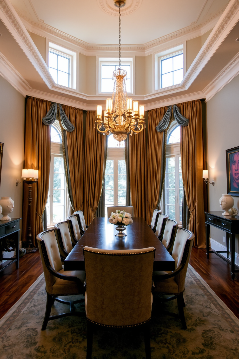 Elegant drapes frame the large windows, cascading softly to the floor in rich, luxurious fabric. The dining room features a long wooden table surrounded by upholstered chairs, creating an inviting atmosphere for gatherings. A beautiful chandelier hangs above the table, casting a warm glow over the space. The walls are adorned with tasteful artwork, complementing the overall color palette of deep blues and golds.