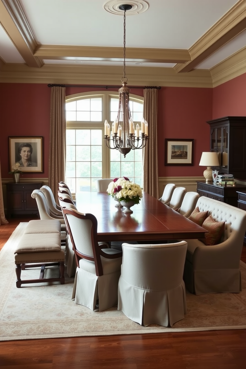 A traditional dining room features a large wooden table surrounded by a mix of upholstered chairs and a stylish bench on one side. The room is adorned with elegant chandeliers and warm, inviting colors that create a cozy atmosphere for family gatherings.