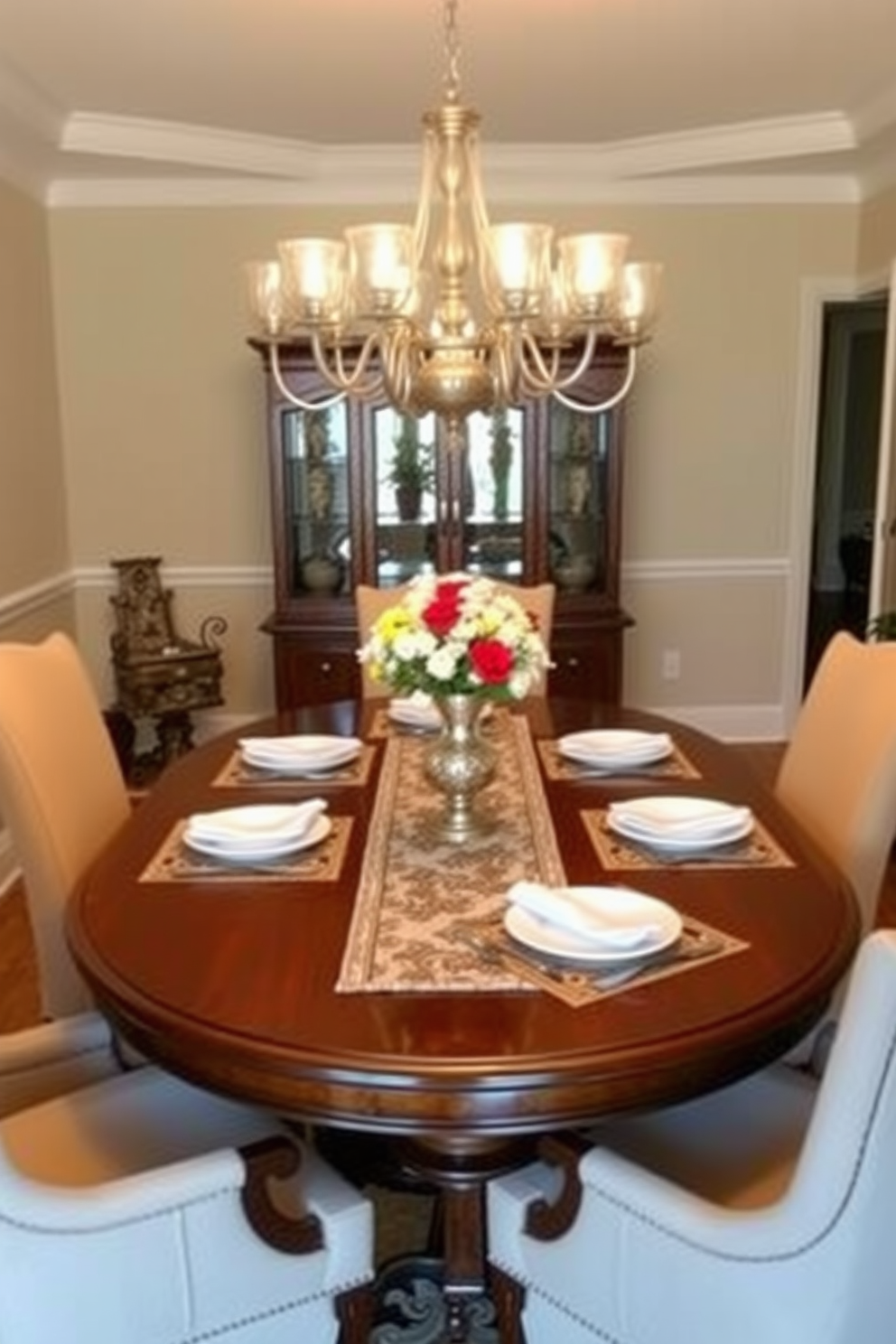 A traditional dining room features a beautifully set table adorned with stylish placemats and an elegant table runner. The wooden dining table is surrounded by upholstered chairs, and a stunning chandelier hangs above, casting a warm glow over the space.