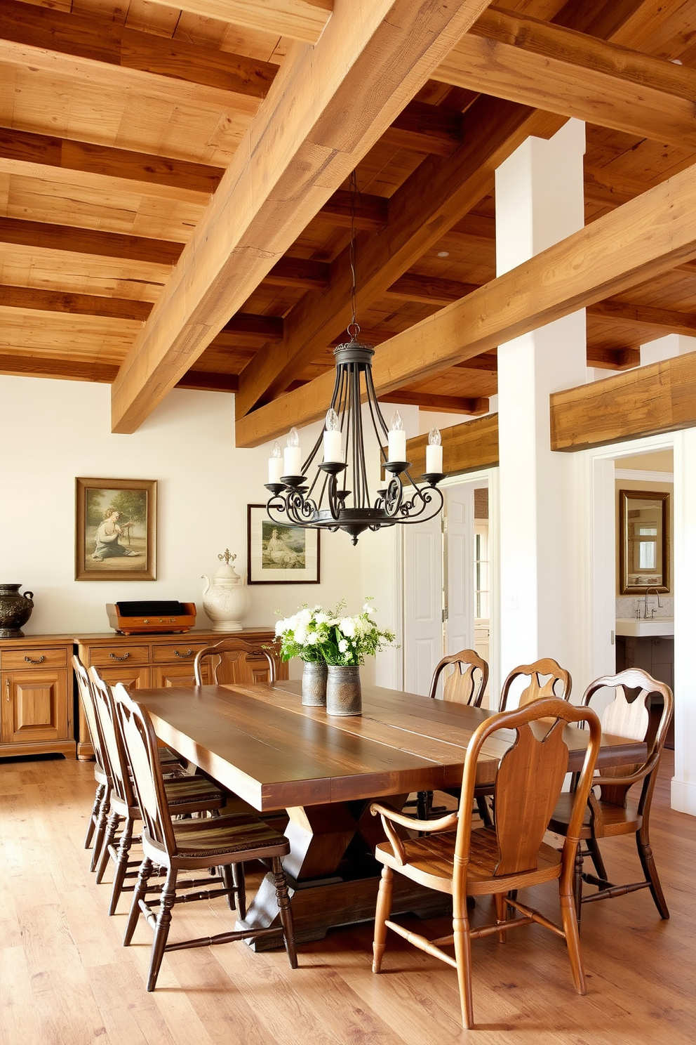 A rustic dining room features exposed wooden beams on the ceiling that add warmth and character to the space. The dining table is made of reclaimed wood and surrounded by mismatched vintage chairs, creating an inviting atmosphere. The walls are painted in a soft cream color, complementing the natural wood tones. A large chandelier made of wrought iron hangs above the table, providing an elegant focal point.