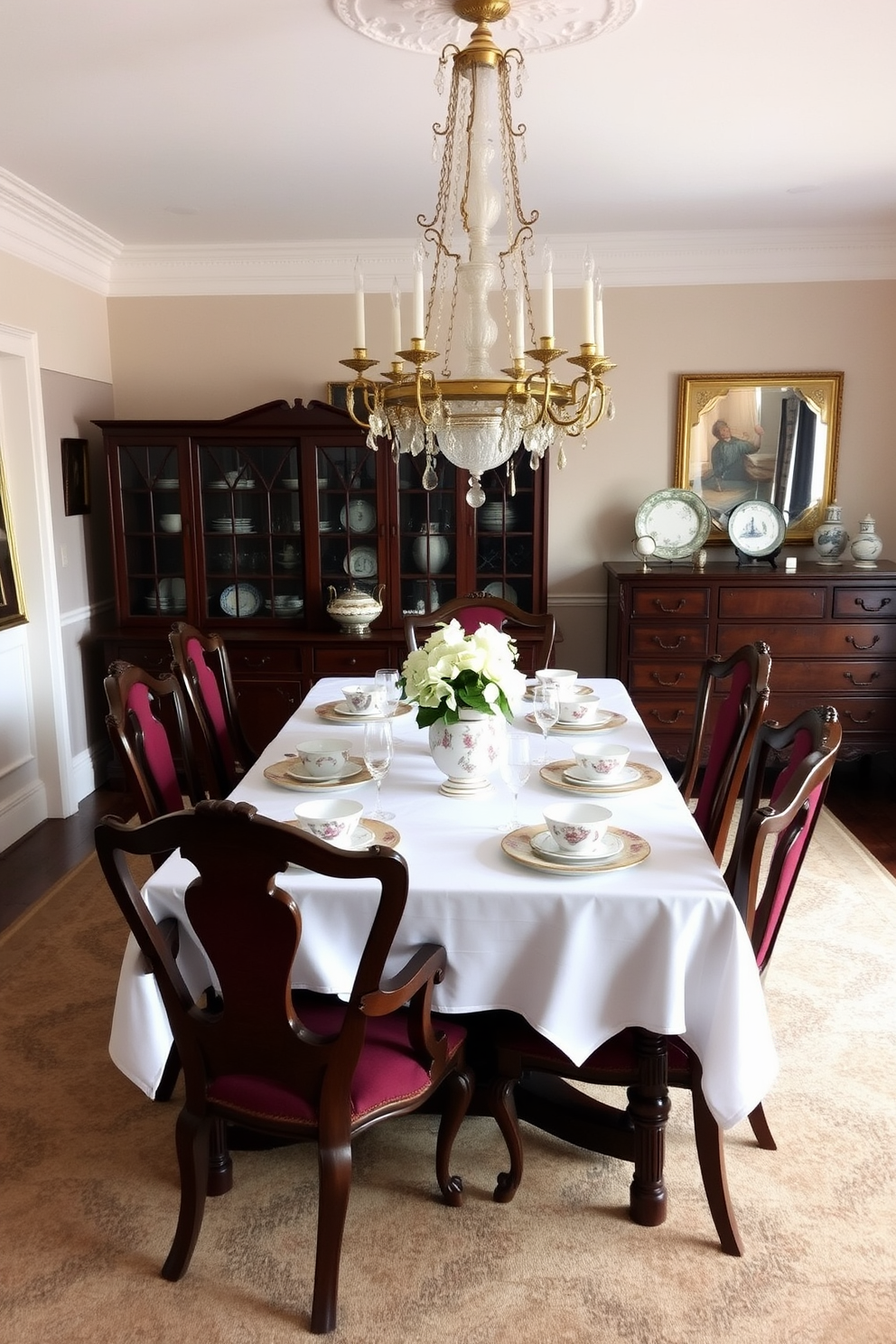 A classic dining room setting featuring an elegant wooden dining table set for six. The table is adorned with a white tablecloth and classic porcelain dinnerware, including intricate floral patterns and gold accents. Surrounding the table are upholstered chairs in a rich burgundy fabric, adding warmth to the space. A large chandelier hangs from the ceiling, casting a soft glow over the room, while a sideboard displays additional porcelain pieces and decorative items.