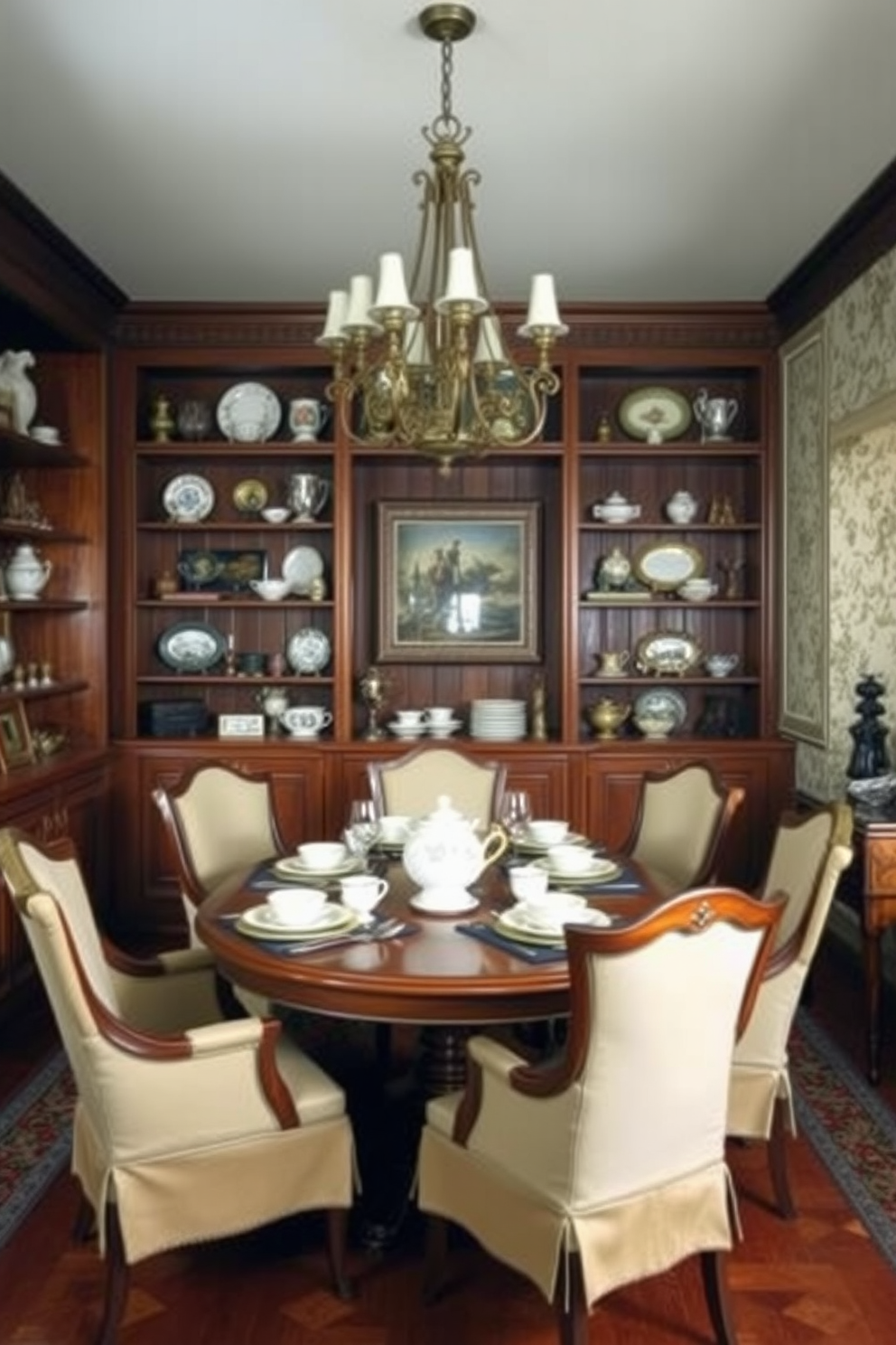 A traditional dining room featuring a large wooden table with intricate carvings surrounded by upholstered chairs. The room is illuminated by a stunning brass chandelier that hangs above the table, complemented by brass decor elements on the sideboard. Richly patterned wallpaper adorns the walls, creating a warm and inviting atmosphere. A large mirror with a brass frame reflects the elegance of the space, while a centerpiece of fresh flowers adds a touch of color to the table.