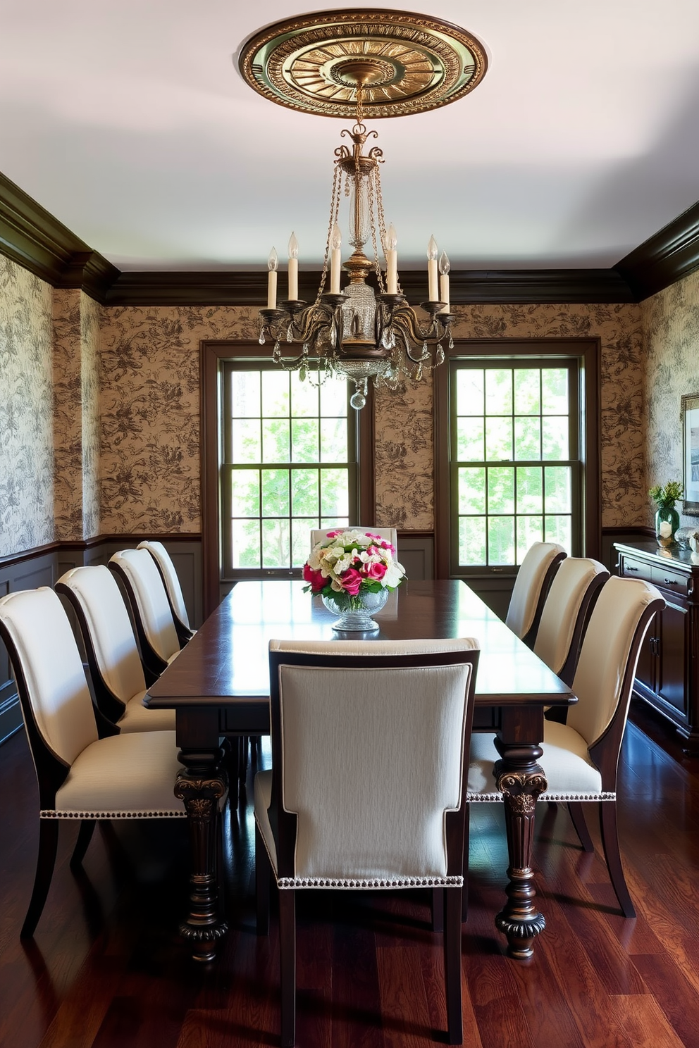 A rich wooden dining table is the centerpiece of this traditional dining room, surrounded by plush upholstered chairs that offer comfort and style. The walls are adorned with elegant wallpaper, and a stunning chandelier hangs above, casting a warm glow over the inviting space.