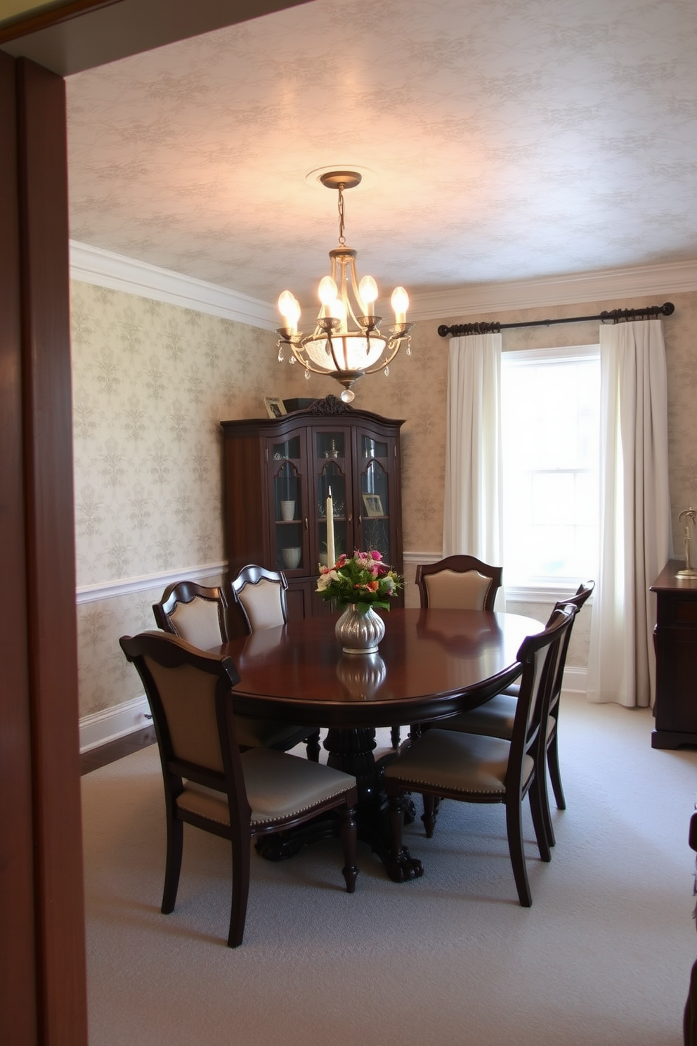 A traditional buffet with intricate woodwork stands against the wall, adorned with decorative accessories such as vintage vases and framed family photos. A warm color palette enhances the inviting atmosphere, with soft lighting highlighting the elegant details of the buffet. The dining room features a large wooden table surrounded by upholstered chairs, creating a cozy yet sophisticated setting for gatherings. Elegant curtains frame the windows, allowing natural light to filter in and complement the rich textures of the room.