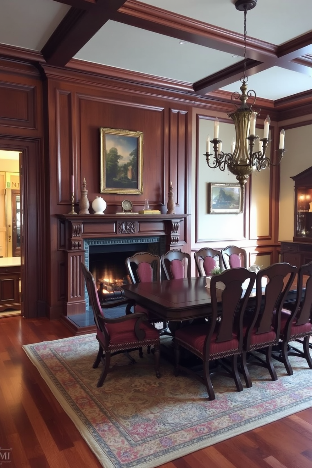 A traditional fireplace serves as the focal point of the room, surrounded by elegant wood paneling and intricate moldings. The mantel is adorned with classic decorative items, and a cozy rug lies in front of the fireplace, inviting warmth and comfort. The dining room features a large wooden table with ornate detailing, complemented by high-backed chairs upholstered in rich fabric. Soft, ambient lighting from a chandelier creates an inviting atmosphere, while a sideboard displays fine china and decorative accents.