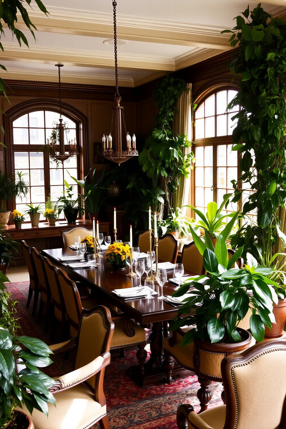 A traditional dining room adorned with lush greenery featuring various potted plants. The room is filled with a large wooden dining table surrounded by upholstered chairs in rich fabrics. Natural light floods the space through large windows, highlighting the vibrant green leaves of the plants. Elegant table settings with fine china and crystal glassware create a sophisticated atmosphere.