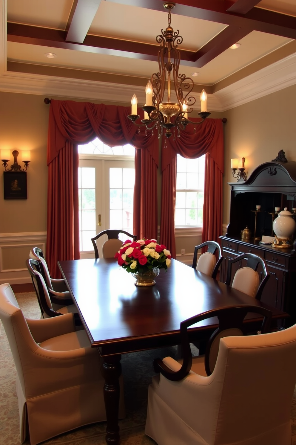 A traditional dining room featuring a large wooden table surrounded by upholstered chairs. The room is illuminated by layered lighting, including elegant sconces on the walls and a decorative chandelier hanging above the table. Richly colored drapes frame the windows, allowing soft natural light to filter in. A sideboard against one wall displays fine china and decorative accents, adding to the room's charm.