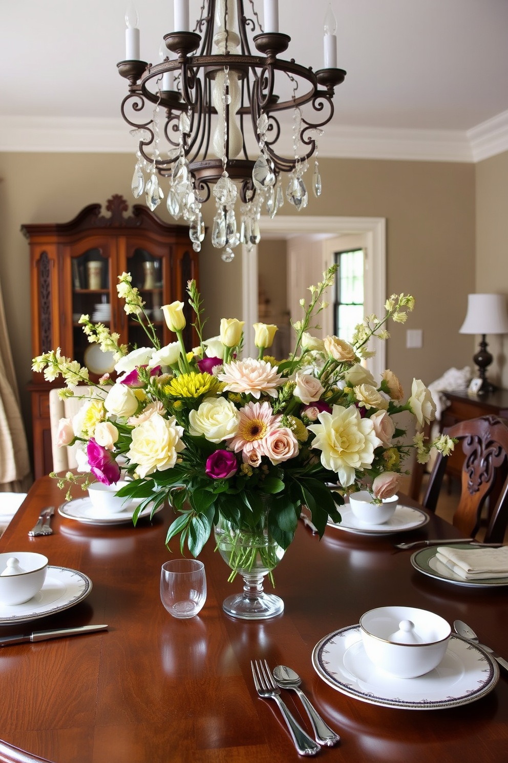 Classic tableware with gold or silver accents is elegantly arranged on a polished wooden dining table. The table is set with fine china, crystal glassware, and gleaming cutlery, creating a luxurious atmosphere for dining. The room features rich, dark wood paneling and a grand chandelier that illuminates the space. Plush upholstered chairs surround the table, inviting guests to sit and enjoy a sophisticated meal.