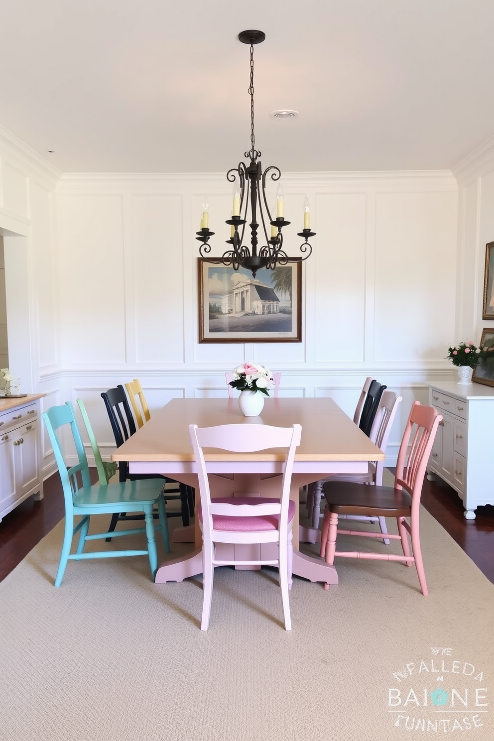 A traditional dining room featuring a large wooden table surrounded by upholstered chairs. The space is illuminated by a stunning chandelier above the table and elegant sconces mounted on the walls. Richly colored drapes frame the windows, complementing the warm tones of the room. A sideboard against one wall holds decorative items and fine china, enhancing the overall classic aesthetic.