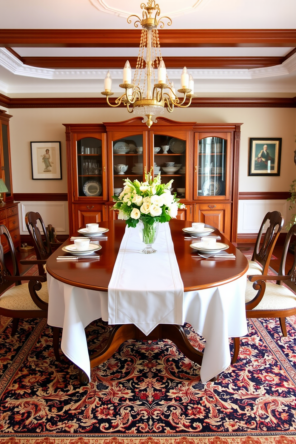 An elegant table setting for a special occasion features a polished wooden table adorned with a crisp white tablecloth. Centered on the table is a stunning floral arrangement in a glass vase, complemented by fine china plates and gleaming silverware. The traditional dining room design incorporates rich wood tones and classic furnishings to create a warm atmosphere. A large chandelier hangs above the table, casting a soft glow on the intricately patterned area rug that anchors the space.