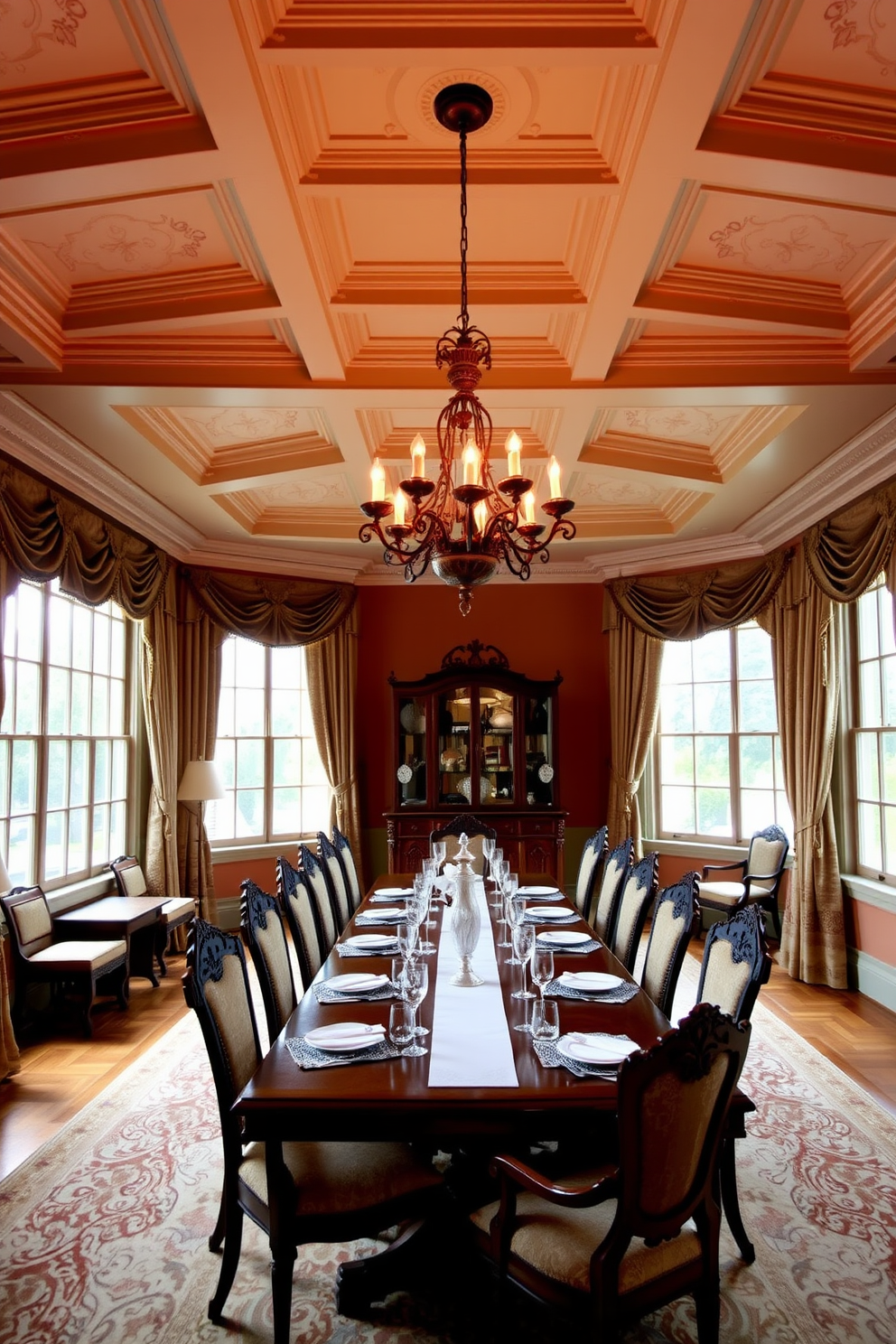 A traditional dining room featuring a large wooden table surrounded by upholstered chairs in rich tones. The room is adorned with seasonal decor, including a centerpiece of autumn leaves and pumpkins, complemented by warm candlelight. The walls are painted in a soft cream color, creating a warm and inviting atmosphere. Elegant drapes frame the windows, allowing natural light to filter in and enhance the cozy feel of the space.